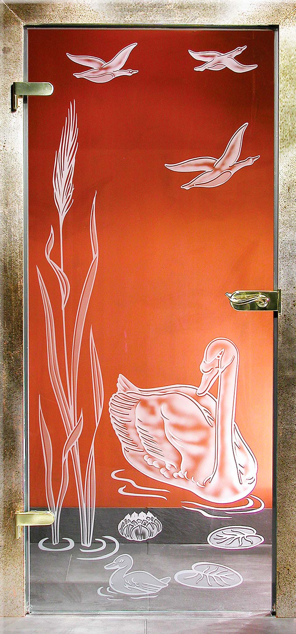 Glastüre mit Sandstrahlmotiv SCHWAN 2